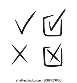 Check mark. Tick and cross vector icons. Yes and No symbols. Vector doodle illustration isolated on white background