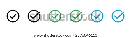 Check mark, tick, done icons set. Correct, approved, confirm symbols collection. Vector icons