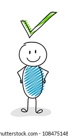 Check mark (tick) with funny stickman - business concept. Vector.