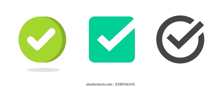 Check mark tick green logo 3d vector pictogram image clipart, checkmark checkbox simple line outline art list element, correct right linear square circle shape, poll vote positive select symbol  