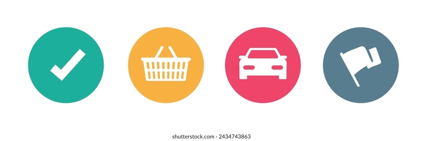 Check mark tick icon, car auto circle symbol shape silhouette simple pictogram minimal design, finish or start race waving flag, shopping grocery basket image clipart red green yellow blue image