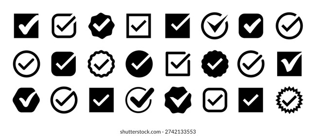 Check mark, tick icon set, approved symbol isolated, approval checklist interface button, check box sign set, confirm