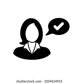 Check Mark Tick Icon Vector With Female Person Profile Avatar Symbol for Approved User Sign in Glyph Pictograph illustration