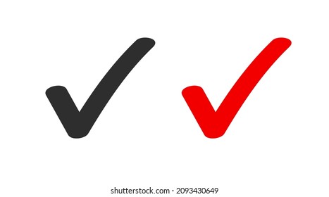 Check mark tick icon vector for correct positive vote answer or correct and accepted red and black checkmark pictogram isolated on white, hand drawn true and agree checklist element 