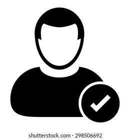 Check Mark Tick Icon Vector With Male Person Profile Avatar Symbol for Approved User Sign in Glyph Pictograph illustration
