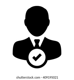 Check Mark Tick Icon Vector With Male Person Profile Avatar Symbol for Approved User Sign in Glyph Pictograph illustration