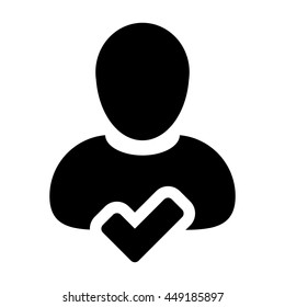 Check Mark Tick Icon Vector With Male Person Profile Avatar Symbol for Approved User Sign in Glyph Pictograph illustration