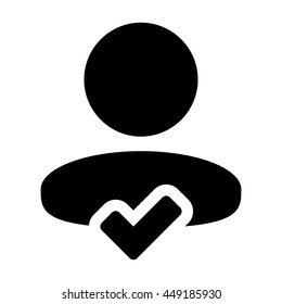 Check Mark Tick Icon Vector With Male Person Profile Avatar Symbol for Approved User Sign in Glyph Pictograph illustration