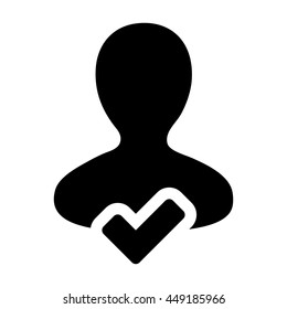 Check Mark Tick Icon Vector With Male Person Profile Avatar Symbol for Approved User Sign in Glyph Pictograph illustration