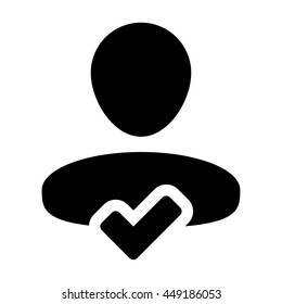 Check Mark Tick Icon Vector With Male Person Profile Avatar Symbol for Approved User Sign in Glyph Pictograph illustration