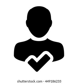 Check Mark Tick Icon Vector With Male Person Profile Avatar Symbol for Approved User Sign in Glyph Pictograph illustration