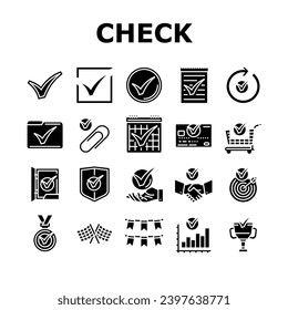 check mark tick ok icons set vector. yes checkmark, right correct, checklist choice, button vote, choose confirm approved check mark tick ok glyph pictogram Illustrations