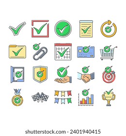 Häkchen Häkchen OK Symbole Set Vektorgrafik. Ja-Markierung, richtig, Auswahl der Checkliste, Knopfabstimmung, Auswahl des genehmigten Häkchens Bestätigen Ankreuzen von Illustrationen in der Farblinie