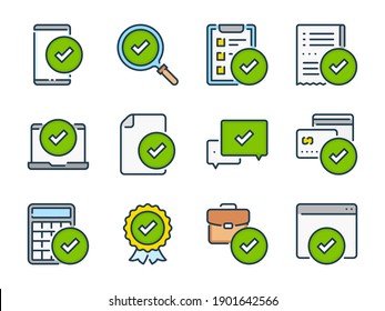 Marcar y Marcar los iconos de color de línea vectorial relacionados. Conjunto de iconos coloridos de calidad y aprobación de esquema.