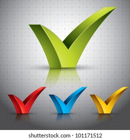 Check mark tick with transparent shadows and reflections ready to put over any background. Color versions set.
