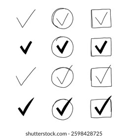 Check Mark Tick v Icon Set. Checklist Checkmark List Right Done Correct Sign Collection. Vote Ok Checkbox True Confirm Box. Handdrawn Vector Illustration