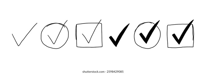 Check Mark Tick v Icon Brushstroke Set. Checklist Checkmark List Right Done Correct Sign Collection. Vote Ok Checkbox True Confirm Box. Handdrawn Vector Illustration