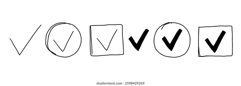 Check Mark Tick v Icon Brush Set. Checklist Checkmark List Right Done Correct Sign Collection. Vote Ok Checkbox True Confirm Box. Handdrawn Vector Illustration