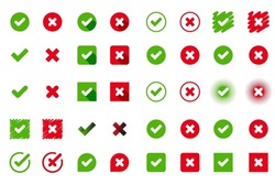 Check Mark, Tick  And X Mark Icon. Checkmark And X Mark Icon For Apps And Websites. Green And Red Check  Icon For UIUX App Icons. 
Set Check Mark And Cross. Vector Illustration