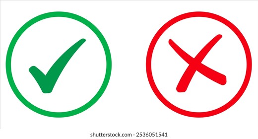 Check mark, Tick and X mark icon. Checkmark and x mark icon for apps and websites. Green and red check icon for UIUX app icons. Set check mark and cross. Vector illustration