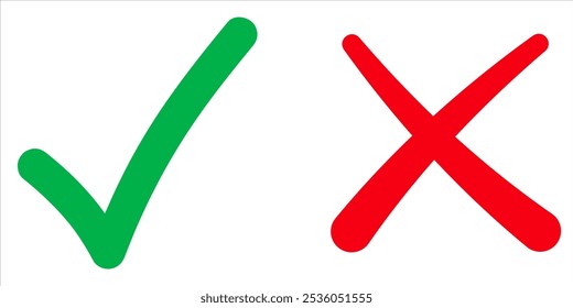 Check mark, Tick and X mark icon. Checkmark and x mark icon for apps and websites. Green and red check icon for UIUX app icons. Set check mark and cross. Vector illustration