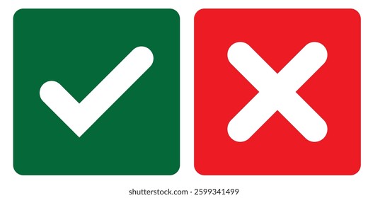 Check mark, Tick and X mark icon. Checkmark and x mark icon for apps and websites. Green and red check icon for UIUX app icons. Set check mark and cross. Vector illustration