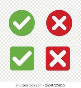 Check mark, Tick and X mark icon. Checkmark and x mark icon for apps and websites. Green and red check icon for UIUX app icons. Set check mark and cross. Vector illustration