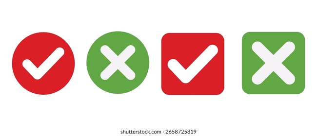Marca de verificación, marca de verificación e icono de marca X. Marca de verificación e ícono de marca x para App y Sitios web. Icono de verificación verde y rojo para los íconos del App UIUX. Establecer marca de verificación y cruz. Ilustración vectorial