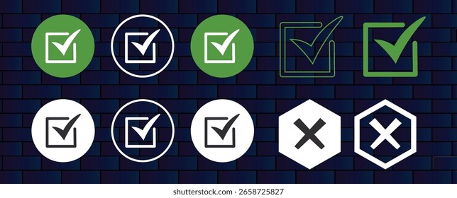 Marca de seleção, ícone Marca de escala e marca de X. Ícone de marca de seleção e marca de x para aplicativos e sites. Ícone de verificação verde e vermelho para ícones de aplicativo UIUX. Defina a marca de seleção e a cruz. Ilustração vetorial