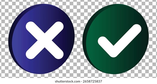 Häkchen, Häkchen und X-Zeichen. Häkchen- und X-Zeichen-Symbol für Apps und Websites. Grünes und rotes Prüfsymbol für UIUX-App-Symbole. Setzen Sie Häkchen und Kreuz. Vektorgrafik