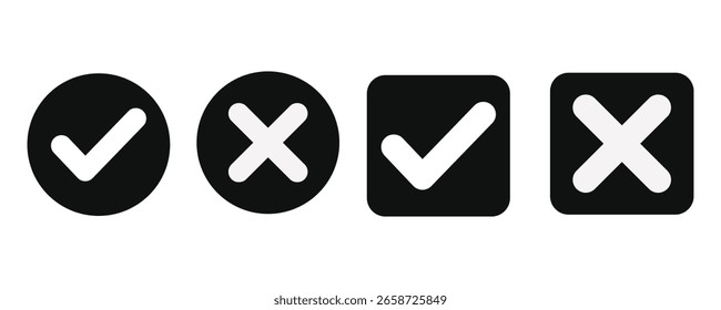 Marca de verificación, marca de verificación e icono de marca X. Marca de verificación e ícono de marca x para App y Sitios web. Icono de verificación verde y rojo para los íconos del App UIUX. Establecer marca de verificación y cruz. Ilustración vectorial