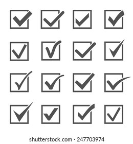 Marque ícones de marca ou ticks. Diferentes cinza confirmam símbolos definidos em quadros quadrados em um fundo branco. Aceitação dos resultados das votações. Grande conjunto vetorial de conclusão de marcas do trabalho na lista.