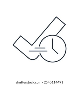 Check mark and time. Accuracy. Timely. Vector linear icon isolated on white background.