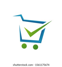 check mark and trolley for shopping cart logo icon 
design shop symbol vector illustrations