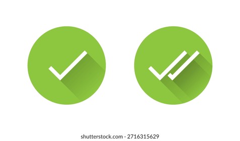 Marca de verificación y dos iconos de marca de verificación con sombra larga. Símbolo de Estado de garrapata simple y doble. Signo de mensaje enviado y leído