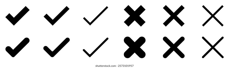 Check mark v and cross x icons collection. True and false sign symbol. Tick mark and cross mark icons. Correct and incorrect symbol black color. Yes or no tick choose sign symbol. Vector illustration.