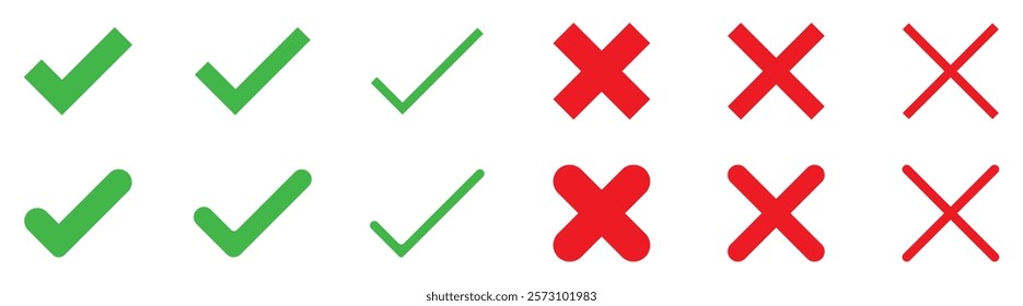 Check mark v and cross x icons collection. True and false sign symbol. Tick mark and cross mark icon. Correct and incorrect symbol green and red color. Yes or no tick choose sign. Vector illustration.