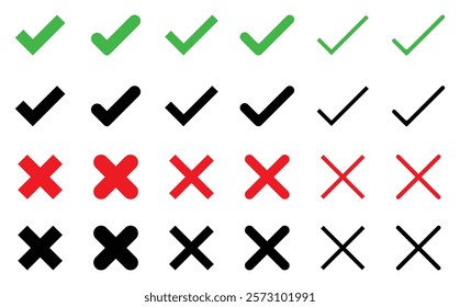 Check mark v and cross x icons collection. True and false sign symbol. Tick mark and cross mark icons. Correct and incorrect sign symbol. Yes or no tick choose to sign isolated. Vector illustration.