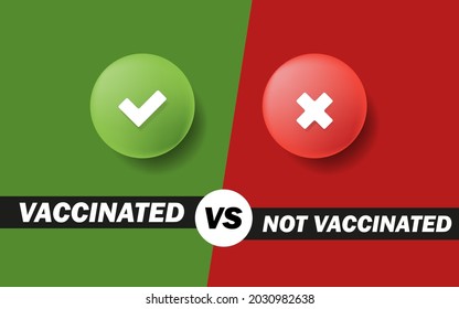 Check mark vaccinated vs not vaccinated banner. Sticker labels are used to identify people who have already been vaccinated to prevent the spread of germs.