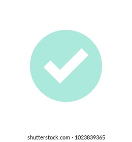 Check Mark. Valid Seal icon. white squared tick in light blue circle. Flat OK sticker icon. Isolated on white. Accept button. Good for web and software interfaces. Vector illustration.
