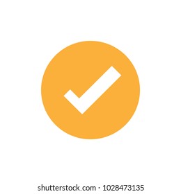 Check Mark. Valid Seal icon. white squared tick in orange circle. Flat OK sticker icon. Isolated on white. Accept button. Good for web and software interfaces. Vector illustration.