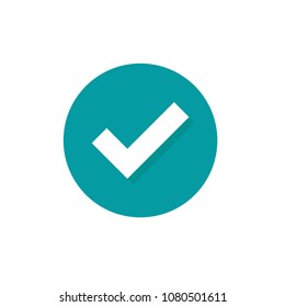 Check Mark. Valid Seal icon. white squared tick with shadow in blue circle. Flat OK sticker icon. Isolated on white. Accept button. Good for web and software interfaces. Vector illustration.