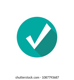Check Mark. Valid Seal icon. white shabby tick with shadow in blue circle. Flat OK sticker icon. Isolated on white. Accept button. Good for web and software interfaces. Vector illustration.