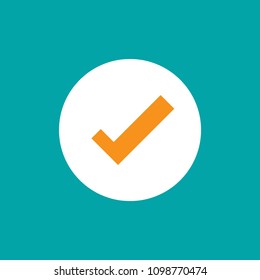 Check Mark. Valid Seal icon. orange squared tick in white  circle. Flat OK sticker icon. Isolated on blue. Accept button. Good for web and software interfaces. Vector illustration.
