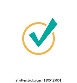 Check Mark. Valid seal icon. blue crazy tick in orange circle. Flat OK sticker icon. Isolated on white. Accept button. Good for web and software interfaces. Vector illustration.