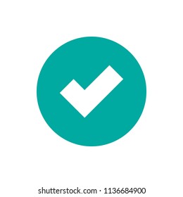 Check Mark. Valid Seal icon. white tick in blue circle. Flat OK sticker icon. Isolated on white. Accept button. Good for web and software interfaces. Vector illustration.