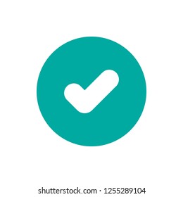 Check Mark. Valid Seal icon. white tick in blue circle. Flat OK sticker icon. Isolated on white. Accept button. Good for web and software interfaces. Vector illustration.