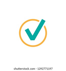 Check Mark. Valid seal icon. blue crazy tick in orange circle. Flat OK sticker icon. Isolated on white. Accept button. Good for web and software interfaces. Vector illustration.