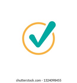 Check Mark. Valid Seal icon. blue  tick in orange circle. Flat OK sticker icon. Isolated on white. Accept button. Good for web and software interfaces. Vector illustration.