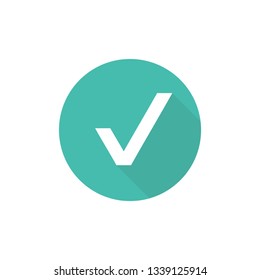 Check Mark. Valid Seal icon. white squared tick with shadow in blue circle. Flat OK sticker icon. Isolated on white. Accept button. Good for web and software interfaces. Vector illustration.